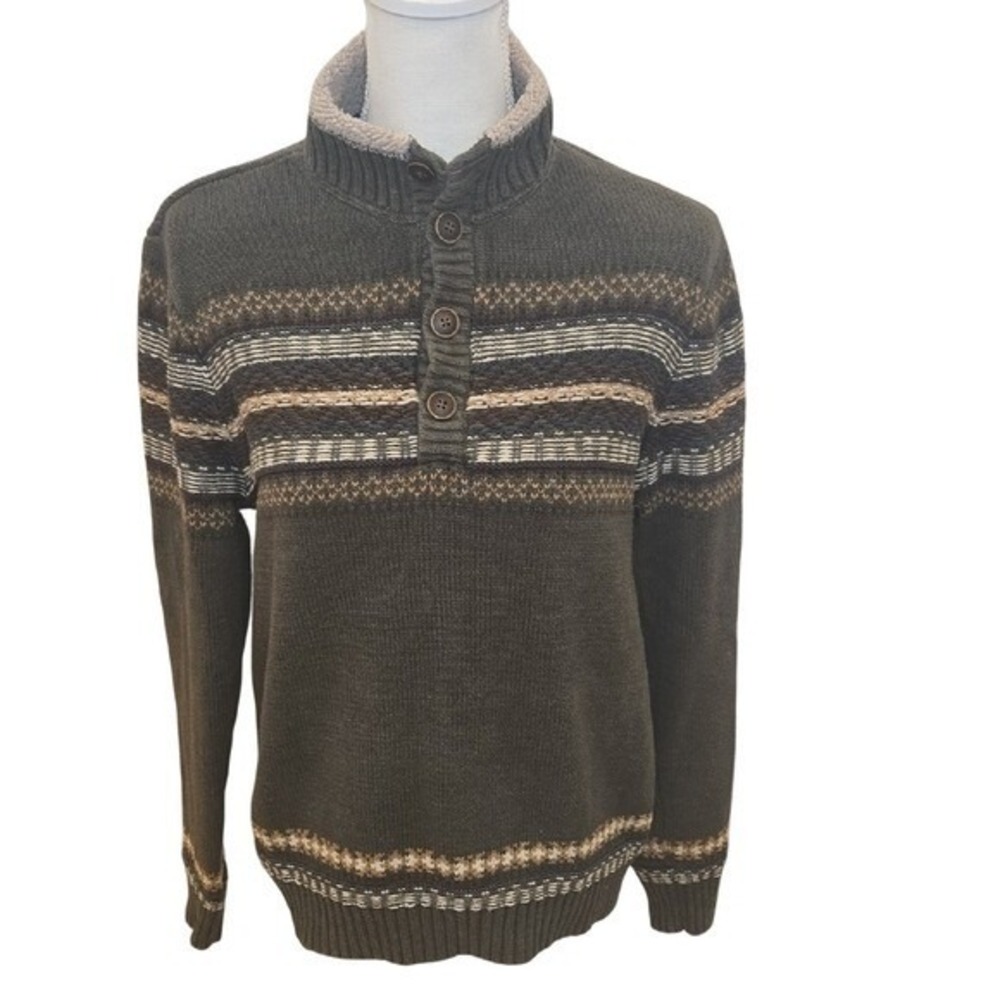 G.H. Bass & Co Men's Pullover Sweater Quarter Button‎ Nordic Olive Green - Small